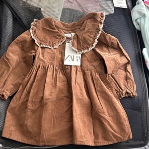 Zara Rust Brown Corduroy Dress with Ruffle Collar